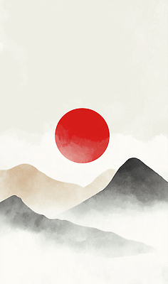 JPG 전통 상징 일러스트 자연 하늘 수채화 근하신년 새해 산 미술 풍경 빨간색 태양 일출 일본 붓 국기 그림 경관 국내일러스트 AI일러스트 AI콘텐츠 자연요소 아시아 컬러 문화예술 노을 생태계 파일형식