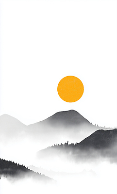JPG 일러스트 자연 하늘 아침 근하신년 새해 산 그림자 풍경 빛 태양 노란색 일출 검은색 안개 원형 숲 높이 조화 느림 국내일러스트 AI일러스트 AI콘텐츠 주간 자연요소 도형 컬러 날씨 노을 생태계 파일형식