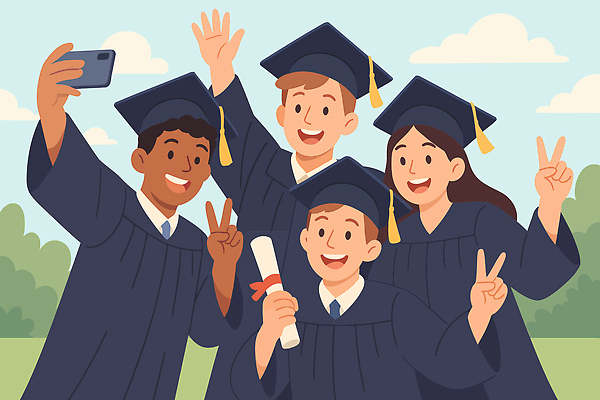 손 옷 교육 감정 컨셉 졸업 학교 관계 표정 가운 인증 합성어 파일형식 벡터 학생 졸업식 기념사진 야외 포즈 기쁨 친구 졸업가운 손가락 웃음 축하 대학교 행복 순간 인증샷 캐주얼 그룹 AI파일 국내일러스트 일러스트