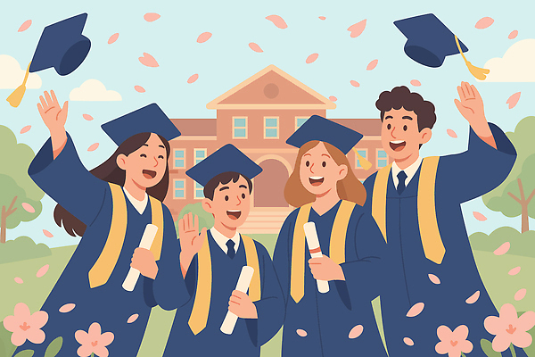 라이프스타일 건축물 교육 꽃 감정 컨셉 졸업 학교 관계 표정 신체부위 파일형식 벡터 졸업식 학생 기쁨 친구 손 축하 꽃잎 모임 이벤트 옷 졸업장 기념 기념사진 웃음 백그라운드 건물 스쿨라이프 AI파일 국내일러스트 일러스트
