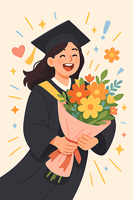 식물 모자_잡화 교육 꽃 감정 컨셉 장신구 졸업 관계 표정 파일형식 벡터 학생 꽃다발 웃음 축하 기쁨 졸업식 순간 장식 이벤트 축제 기념 머리띠 캡 결과 성공 친구 가족 AI파일 국내일러스트 일러스트