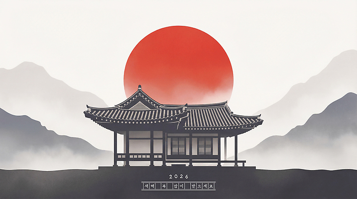 주간 자연요소 한국전통 건축물 아시아 고건축 새해 카드_감사 이벤트 노을 연도 생태계 파일형식 2026년 전통 한국 건물 일출 태양 산 백그라운드 풍경 건축 문화 하늘 자연 역사 예술 디자인 아침 그림 조화 기념일 PSD 국내일러스트 일러스트 새해복많이받으세요 한옥 연하장 근하신년 병오년
