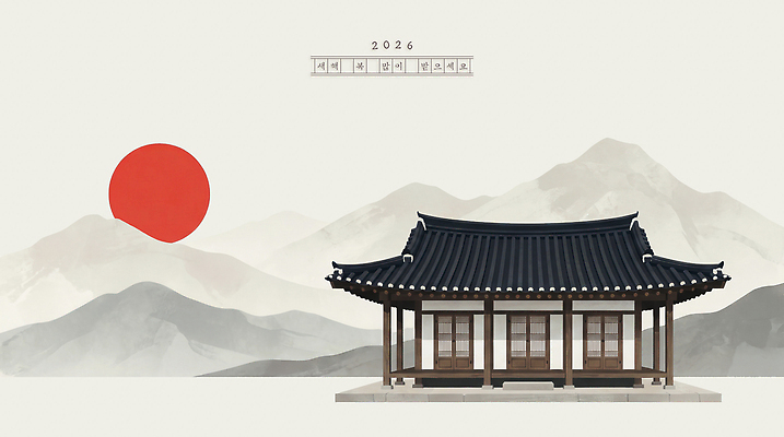 자연요소 한국전통 건축 아시아 고건축 문화예술 새해 카드_감사 연도 생태계 파일형식 2026년 전통 건축물 태양 산 한국 풍경 문화 예술 디자인 하늘 시간 자연 그림 미술 여행 PSD 국내일러스트 일러스트 새해복많이받으세요 한옥 연하장 근하신년 병오년