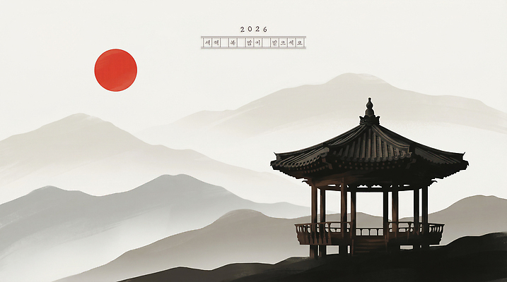 주간 자연요소 한국전통 건축 아시아 고건축 날씨 새해 카드_감사 노을 연도 생태계 파일형식 2026년 태양 아침 산 풍경 자연 하늘 전통 한국 조용 언덕 기온 일출 문화 구조물 지역 여행 PSD 국내일러스트 일러스트 새해복많이받으세요 한옥 연하장 근하신년 병오년