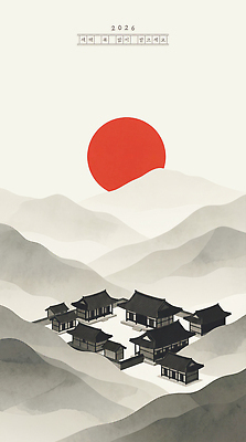 자연요소 한국전통 건축물 건축 감정 컬러 고건축 새해 산 카드_감사 노을 연도 생태계 파일형식 2026년 마을 태양 하늘 고요 산기슭 자연 풍경 빨간색 일몰 거리 문화 역사 그림 조화 여유 PSD 국내일러스트 일러스트 새해복많이받으세요 한옥 연하장 근하신년 병오년