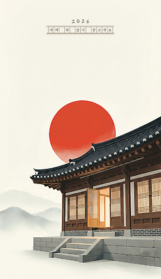 자연요소 한국전통 건축물 건축 아시아 고건축 새해 카드_감사 미술 야간 연도 생태계 파일형식 2026년 한국 전통 태양 풍경 산 저녁 지붕 문화재 건물 디자인 역사 뷰티풀 자연 하늘 조명 기와 수묵화 PSD 국내일러스트 일러스트 새해복많이받으세요 한옥 연하장 근하신년 병오년