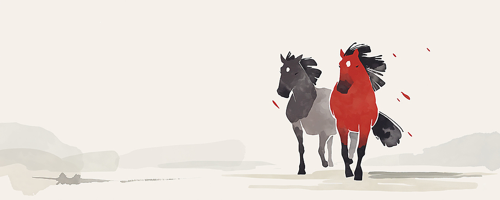 JPG 동물 이동 일러스트 모션 자연 생명 함께함 풍경 일상 빨간색 걷기 검은색 공간 자유 말 말_동물 동료 주위 조화 국내일러스트 병오년 AI일러스트 AI콘텐츠 컬러 컨셉 포유류 관계 라이프 생태계 파일형식 2026년