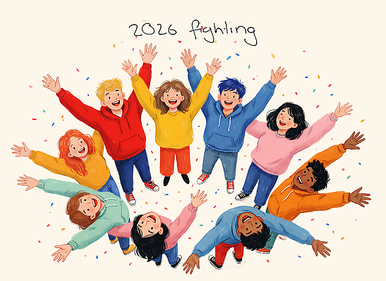 교육 감정 컬러 다수 컨셉 모션 표정 사람 연도 파일형식 2026년 파이팅 모임 손들기 기념 즐거움 여러명 웃음 유치원 학교 축하 축제 어린이 보라색 노란색 국내일러스트 PSD 일러스트