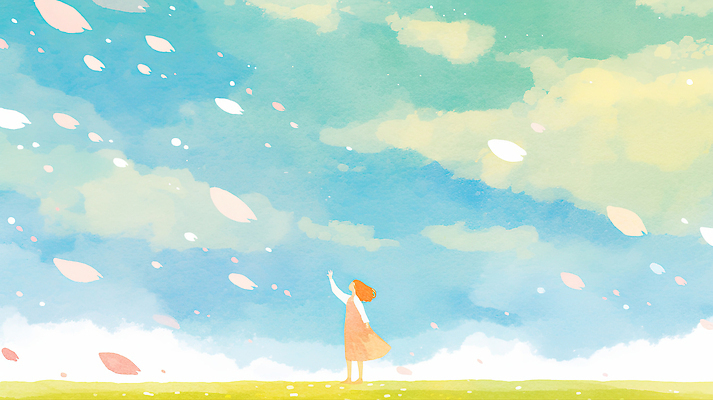 JPG 손 꽃잎 감정 여유 예술 하늘색 백그라운드 일러스트 자연 하늘 바람 풍경 소녀 일상 여름 파란색 봄 떨어짐 그림 국내일러스트 AI일러스트 AI콘텐츠 자연요소 계절 여자 꽃 어린이 컬러 컨셉 날씨 라이프 신체부위 생태계 파일형식