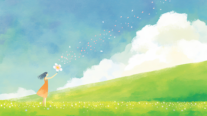 JPG 꽃잎 꽃 행복 컬러 일러스트 자연 하늘 바람 회화 풍경 소녀 초원 일상 여름 봄 꿈 자유 즐거움 일과 국내일러스트 AI일러스트 AI콘텐츠 자연요소 식물 계절 여자 감정 어린이 컨셉 날씨 말하기 라이프 생태계 파일형식
