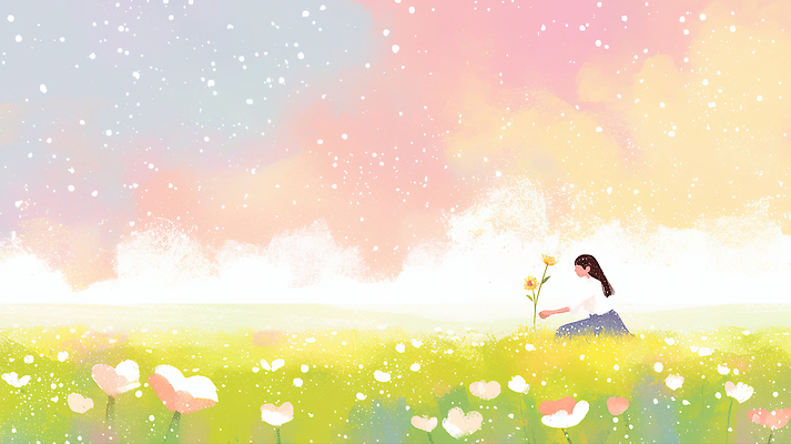 JPG 식물 응시 여자 꽃 분홍색 컬러 일러스트 모션 자연 하늘 잔디 초원 일상 여름 노란색 평화 봄 즐거움 화사함 순간 국내일러스트 AI일러스트 AI콘텐츠 시선 계절 감정 컨셉 사람 라이프 생태계 파일형식