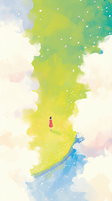 JPG 길 컬러 여행 일러스트 자연 하늘 수채화 바닥 사람 풍경 초원 일상 연두색 파란색 빛 세계 걷기 봄 단순화된 평면 국내일러스트 AI일러스트 AI콘텐츠 계절 모션 라이프 초록색 생태계 파일형식