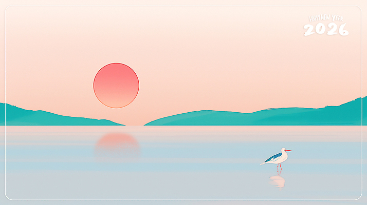 주간 자연요소 동물 감정 컨셉 교과목 물 태양 노을 연도 생태계 파일형식 2026년 조류 수면 반사 산 빛 강 아침 자연 평화 풍경 수학 하늘 햇빛 모션 컬러 여유 공간 국내일러스트 일러스트 PSD 병오년 새해 일출