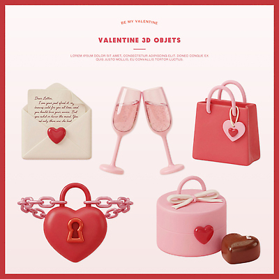 모양 잡화 감정 컬러 장신구 데이이벤트 디저트 주류 3D 디지털합성 파일형식 발렌타인데이 선물 아이템 사랑 빨간색 분홍색 장식 케이크 편지 샴페인 가방 하트 초콜릿 목걸이 수조 편집3D 편집이미지 PSD 오브젝트
