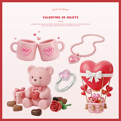 모양 식기 감정 인형 컬러 장신구 데이이벤트 이벤트 3D 디지털합성 파일형식 오브젝트 분홍색 컵 곰인형 반지 풍선 선물 사랑 장식 파티 기념일 세트 편집3D 편집이미지 PSD 빨간색 하트 발렌타인데이