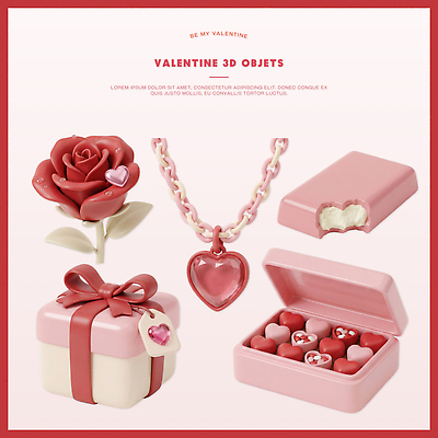 모양 식물 꽃 감정 컬러 장신구 데이이벤트 디저트 이벤트 3D 장기_의학 디지털합성 파일형식 발렌타인데이 디지털아트 장미 목걸이 초콜릿 선물 장식 기념일 사랑 디자인 분홍색 심장 상자 편집3D 편집이미지 PSD 빨간색 하트 오브젝트