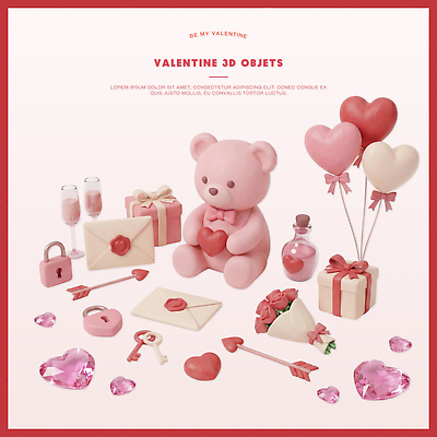 모양 식기 감정 인형 컬러 신체 데이이벤트 이벤트 3D 디지털합성 파일형식 발렌타인데이 장식 선물 곰인형 편지 풍선 상자 하트 사랑 기념일 컵 키_신체 편집3D 편집이미지 PSD 빨간색 분홍색 오브젝트