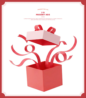 도형 기념일 감정 컬러 컨셉 선물 이벤트 상자 3D 디지털합성 파일형식 리본 장식 폭발 빨간색 분홍색 사각형 디자인 깜짝 기쁨 파티 생일 축하 편집3D 편집이미지 PSD 선물상자