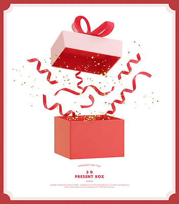 기념일 감정 컬러 표정 선물 상자 3D 디지털합성 파일형식 리본 금색 조각 오픈 빨간색 분홍색 축제 장식 기쁨 놀람 포장 크리스마스 편집3D 편집이미지 PSD 선물상자