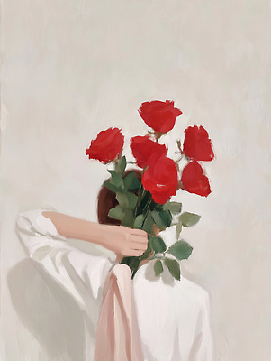 JPG 식물 손 시선 꽃 감정 여유 예술 컬러 꽃다발 포즈 백그라운드 일러스트 따뜻함 미술 사람 빨간색 장미 정원 흰옷 초상화 고립 국내일러스트 AI일러스트 AI콘텐츠 옷 문화예술 신체부위 그림 파일형식