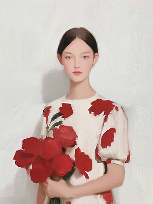 JPG 손 드레스 여자 꽃 예술 컬러 꽃다발 일러스트 자연 미소 빨간색 여름 장미 머리 표현 그림 뷰티풀 정물화 국내일러스트 AI일러스트 AI콘텐츠 식물 옷 계절 표정 사람 신체부위 생태계 파일형식