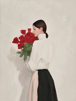 JPG 손 여자 꽃 예술 컬러 꽃다발 백그라운드 상의 일러스트 빨간색 치마 장미 검은색 흰색 오브젝트 그림 단순화된 묶은머리 국내일러스트 AI일러스트 AI콘텐츠 식물 헤어스타일 옷 하의 사람 신체부위 파일형식