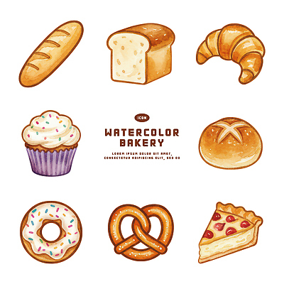 음식 빵 디저트 케이크 상점 파일형식 과자 수채화 바게트 식빵 크루아상 컵케이크 도넛 브레첼 빵집 PSD 일러스트 국내일러스트