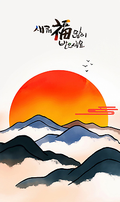 자연요소 동물 전통 기념일 새해 카드_감사 파란색 노을 한자 생태계 파일형식 태양 산 조류 하늘 자연 풍경 컬러 일출 그림 창조 하늘색 일기 PSD 명절 근하신년 연하장 캘리그라피 복 새해복많이받으세요 일러스트 국내일러스트