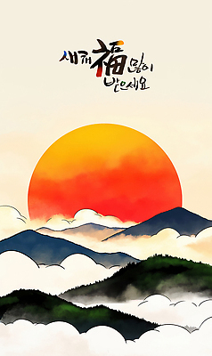자연요소 전통 기념일 새해 카드_감사 이벤트 노을 한자 생태계 파일형식 태양 산 풍경 시작 순간 컬러 자연 밝음 일출 PSD 명절 근하신년 연하장 캘리그라피 복 새해복많이받으세요 일러스트 국내일러스트