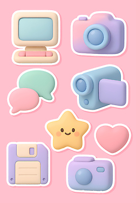 자연요소 모양 컨셉 전자제품 3D 파일형식 장난감 컴퓨터 카메라 말풍선 별 하트 장식 컬러 디자인 백그라운드 디지털 편집이미지 편집3D PSD 오브젝트 Y2K