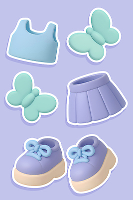 옷 컬러 곤충 컨셉 하의 사람 3D 파일형식 어린이 장신구 디자인 나비 상의 치마 신발 파란색 보라색 장식 패션 스타일 캐주얼 편집이미지 편집3D PSD 오브젝트 Y2K