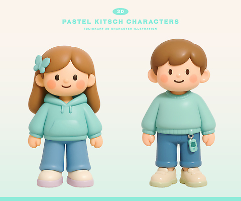 PSD 편집이미지 캐릭터 디자인 여자 남자 인형 컬러 3D캐릭터 장식 3D 표현 파스텔 스타일 키치 편집3D 컨셉 학용품 사람 디지털합성 파일형식