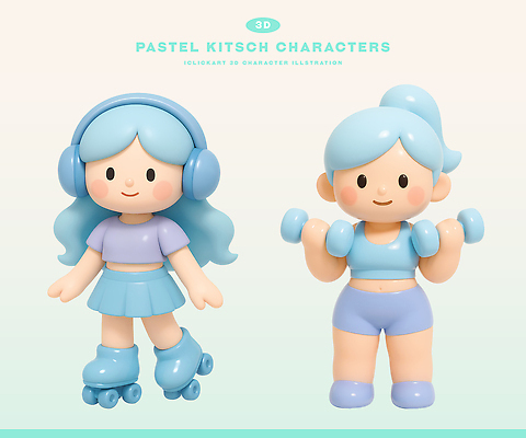 PSD 편집이미지 캐릭터 여자 놀이 3D캐릭터 파란색 운동복 운동 3D 귀여움 헤드폰 아령 롤러블레이드 스타일 키치 편집3D 옷 컬러 음향기기 컨셉 건강 사람 취미 디지털합성 파일형식