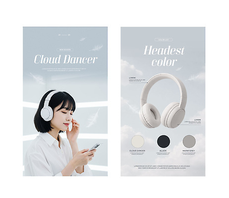 템플릿 컬러 음향기기 문화예술 사람 핸드폰 스마트기기 파일형식 트렌드컬러 2026트렌드 헤드폰 여자 스마트폰 음악 생각 백그라운드 흰색 검은색 회색 기술 PSD 이미지템플릿 클라우드댄서