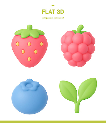 식물 계절 잎 과일 3D 파일형식 딸기 산딸기 블루베리 나뭇잎 정원 장식 세트 컬러 모양 디자인 여름 봄 나무 재료 편집이미지 편집3D PSD