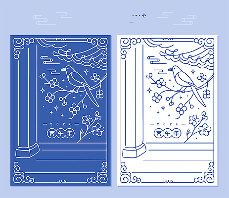 식물 동물 명절 건축 선 컬러 카드_감사 미술 연도 생태계 파일형식 벡터 2026년 조류 꽃 백그라운드 파란색 흰색 기둥 디자인 자연 그래픽 예술 작품 Asian 국내일러스트 AI파일 일러스트 라인아트 설날 병오년 새해 연하장