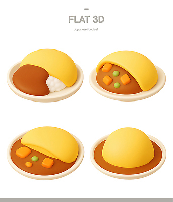 주간 식기 아시아 음식 곡류 3D 계란요리 파일형식 일본 세트 요리 그릇 모양 평면 카레 오므라이스 쌀 채소 점심 식사 아침 디저트 편집이미지 편집3D PSD 일본음식
