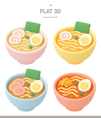 식기 아시아 음식 컬러 3D 면류 디지털합성 일본음식 파일형식 라멘 일본 세트 그릇 재료 디자인 노란색 분홍색 파란색 주황색 장식 편집이미지 편집3D PSD