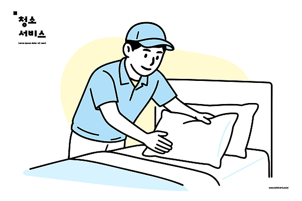 직업 일러스트 베개 모션 실내 일상 방 침대 작업 청소 직원 서비스 정리 청소부 단정 책임감 표준 국내일러스트 AI파일 가구 컨셉 침구 내부 라이프 파일형식 벡터