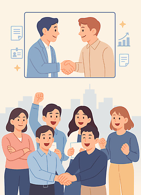 감정 다수 컨셉 비즈니스 관계 사람 손짓 채용 파일형식 벡터 악수 기쁨 남자 여자 그룹 도시 협상 결과 친구 협력 만남 소통 성공 사무실 이미지 친목 상업 여러명 국내일러스트 일러스트 AI파일 인재 채용공고