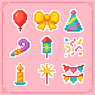 기념일 감정 컬러 컨셉 초 놀이 이벤트 생일 파일형식 벡터 파티 장식 분홍색 풍선 리본 불꽃놀이 촛불 축하 배열 디자인 생일파티 행복 축제 기념 즐거움 국내일러스트 일러스트 AI파일 오브젝트 픽셀