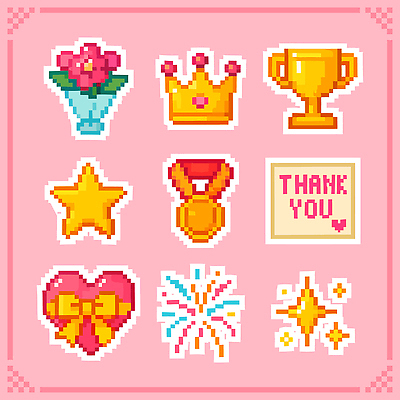 자연요소 모양 식물 감정 놀이 이벤트 상_우승 상_상패 파일형식 벡터 스티커 꽃 왕관 트로피 별 메달 하트 리본 불꽃놀이 감사 디자인 픽셀 컬러 그래픽 테마 이미지 장식 국내일러스트 일러스트 AI파일 오브젝트 파티