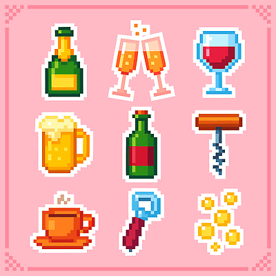 식기 음료 음식 컬러 컨셉 주류 이벤트 파일형식 벡터 샴페인 와인 맥주 커피 분홍색 배열 디자인 디지털 픽셀 스타일 잔 디저트 휴식 파티 국내일러스트 일러스트 AI파일 오브젝트