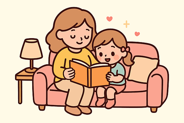 감정 의자 가족 관계 모션 표정 사람 내부 라이프 감각 파일형식 벡터 엄마 딸 소파 책 읽기 이야기 웃음 행복 공간 시간 사랑 포근함 어린이 교감 실내 일상 교훈 국내일러스트 일러스트 AI파일