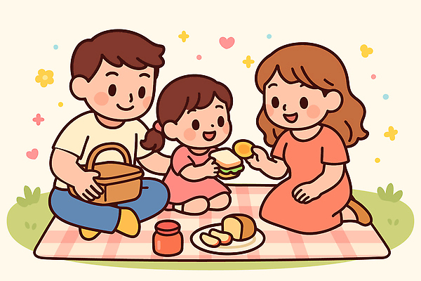 공공시설 감정 음식 컨셉 가족 관계 모션 말하기 야외활동 바구니 파일형식 벡터 소풍 공원 시간 앉기 딸 아빠 엄마 소풍바구니 디저트 점심 함께함 식탁보 즐거움 놀이 행복 대화 국내일러스트 일러스트 AI파일