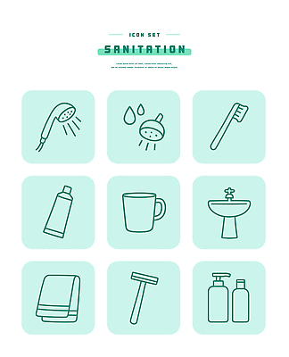 아이콘 식기 생활용품 위생용품 청결 위생 파일형식 벡터 샤워기 물방울 치약 컵 세면대 수건 면도기 세정제 건강 목욕 2D아이콘 라인아이콘 AI파일