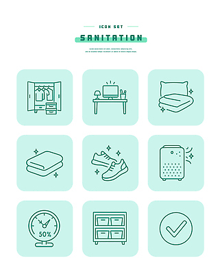 아이콘 가구 신발 가전제품 위생 빨래 파일형식 벡터 서랍장 책상 침대 빨랫감 운동화 공기청정기 시계 정리 청결 디자인 2D아이콘 라인아이콘 AI파일