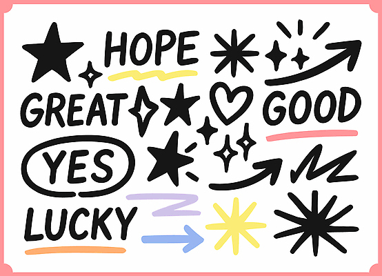 자연요소 문자 감정 컨셉 파일형식 벡터 희망 긍정 디자인 그래픽 단어 별 행운 좋음 표현 메시지 창의성 컬러 사람 소통 일러스트 국내일러스트 AI파일 낙서