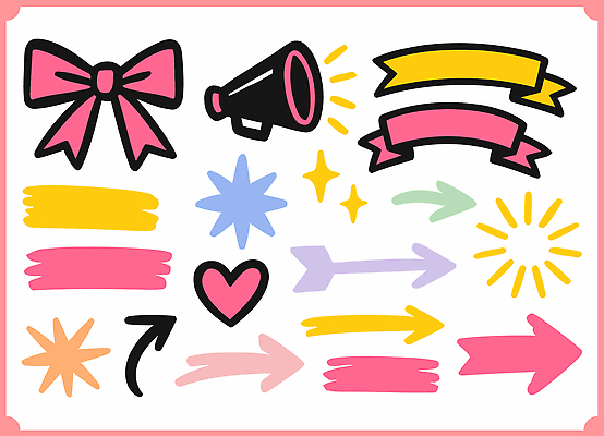 자연요소 무늬 파일형식 벡터 스티커 리본 확성기 별 화살표 디자인 컬러 모양 그래픽 그림 장식 백그라운드 창의성 패턴 예술 장난감 일러스트 국내일러스트 AI파일 낙서