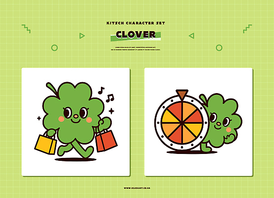 도형 식물 캐릭터 잡화 감정 컬러 모션 놀이 사람 클로버 파일형식 벡터 쇼핑 걷기 가방 즐거움 초록색 원형 게임 상점 어린이 문화 일러캐릭터 AI파일 일러스트 네잎클로버